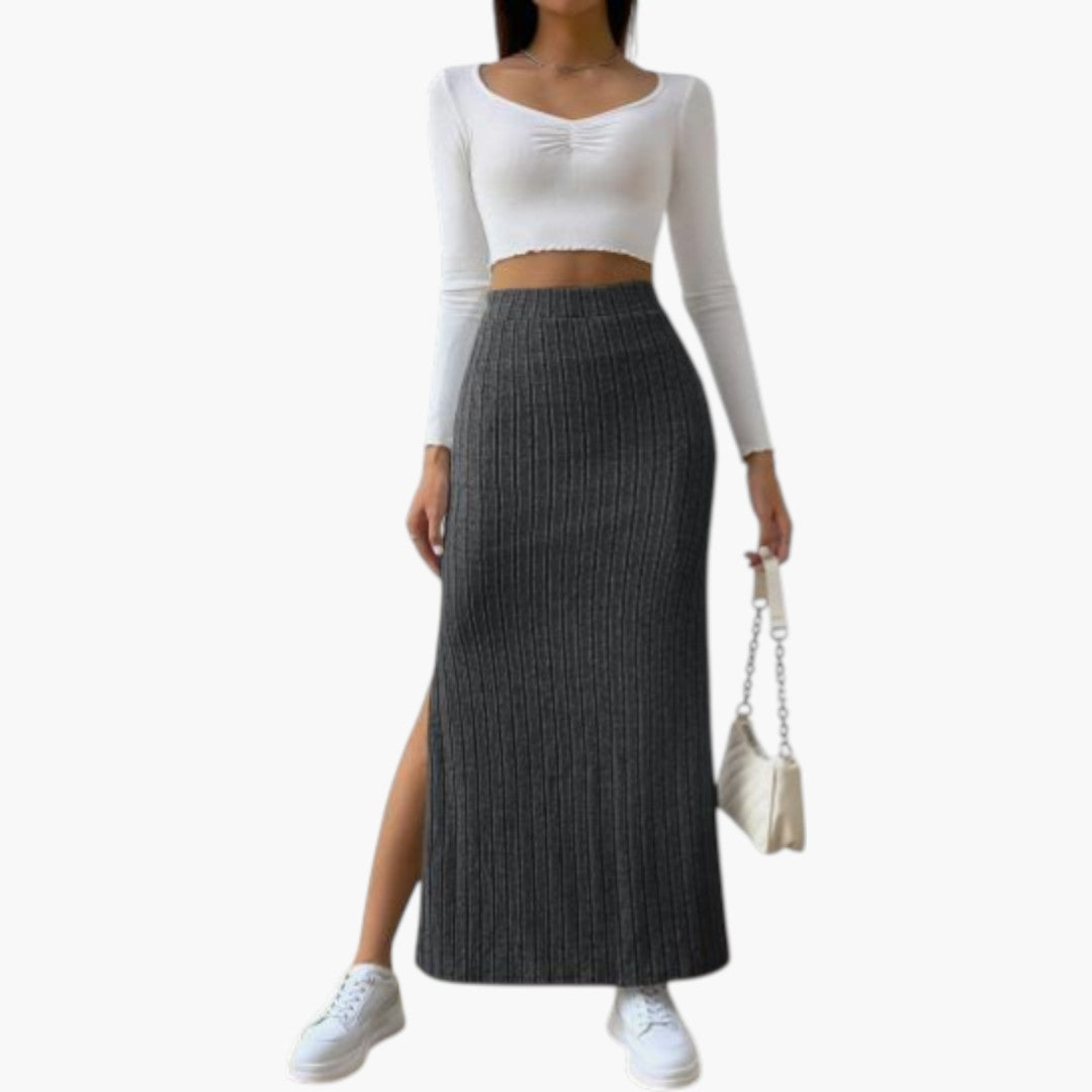 Jupe Maxi Femme avec Texture Côtelée et Fente Latérale