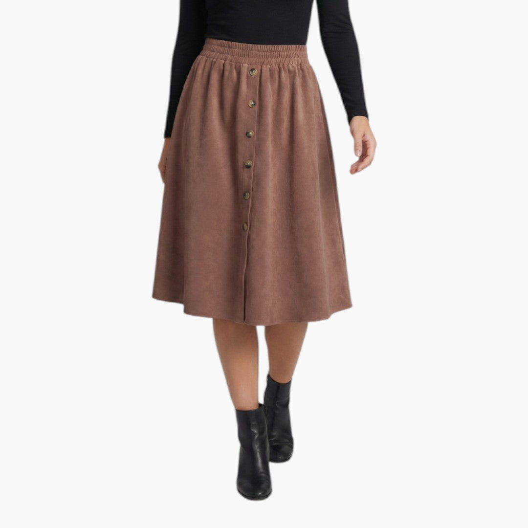 Women's Mid-Length Skirt with Elastic Waist and Front Buttons