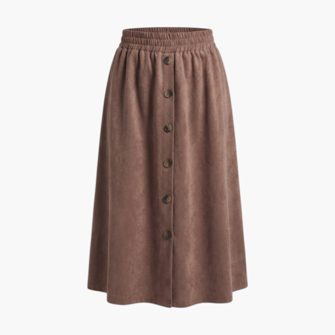 Women's Mid-Length Skirt with Elastic Waist and Front Buttons