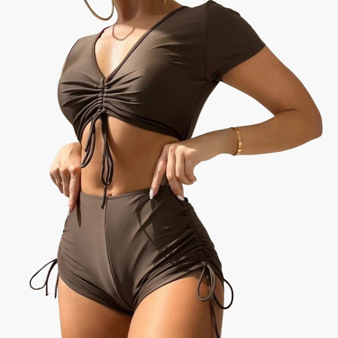 Maillot de bain femme deux pièces col V a short à cordon