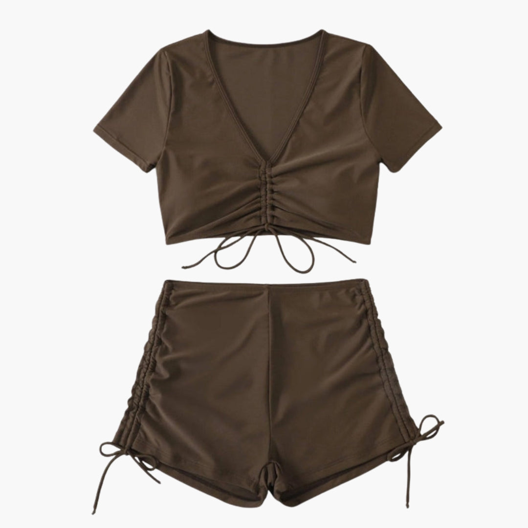 Maillot de bain femme deux pièces col V a short à cordon