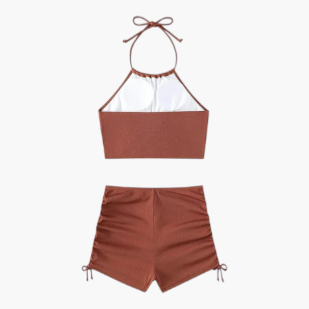 Women's swimsuit with a low back top and high-waisted shorts