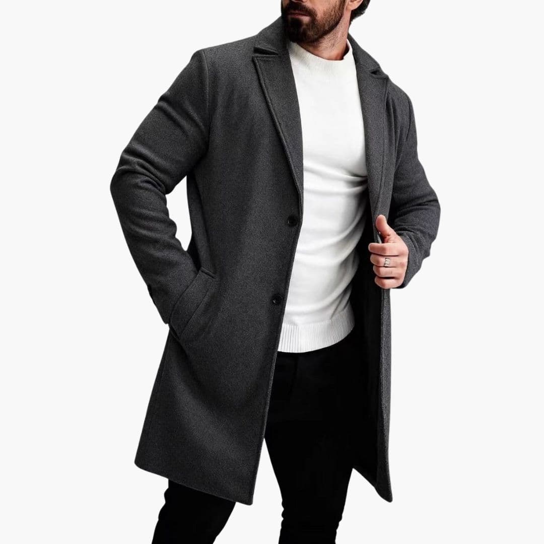 Manteau Long Homme avec Col à Revers et Poches Latérales