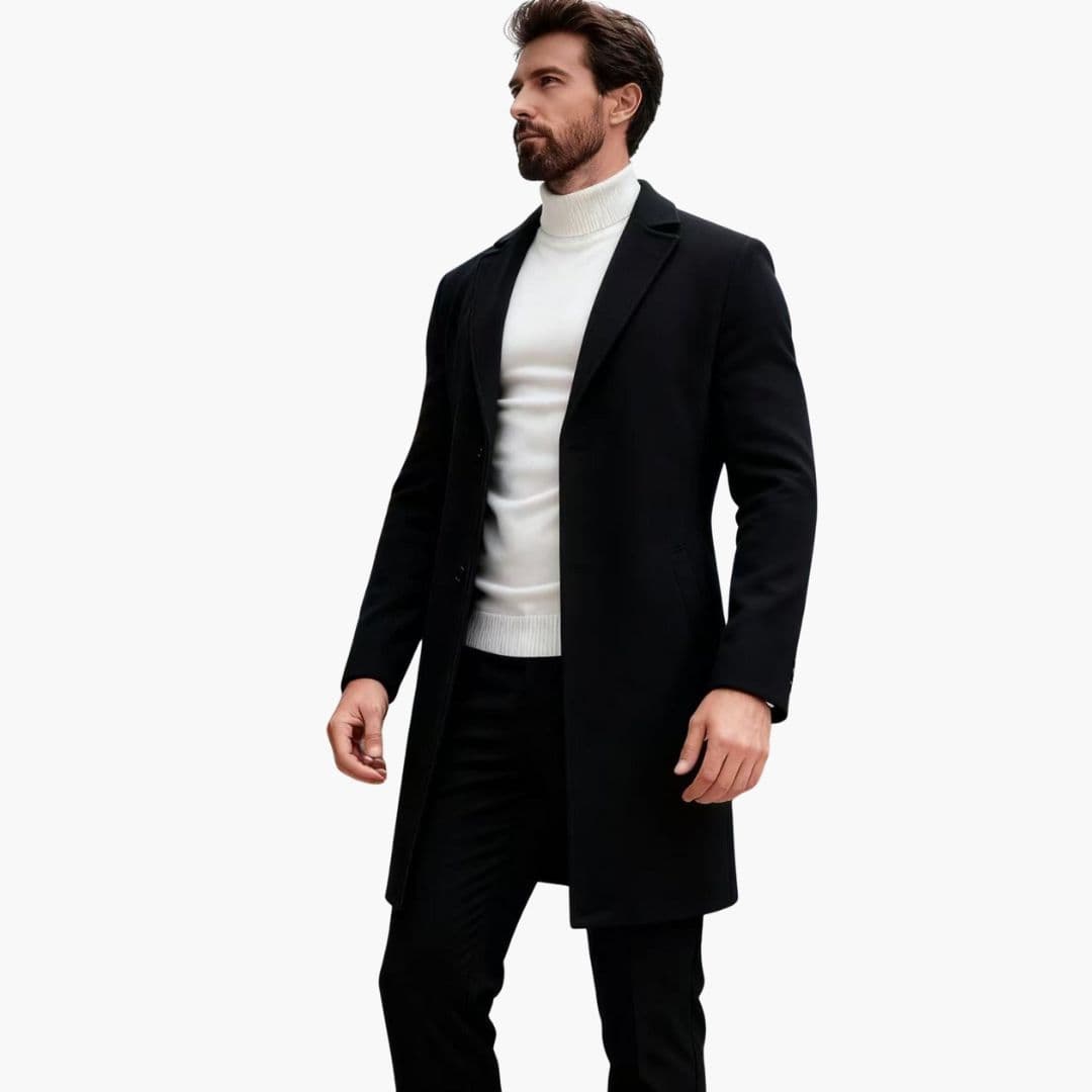 Manteau Long Homme en Laine avec Col à Revers