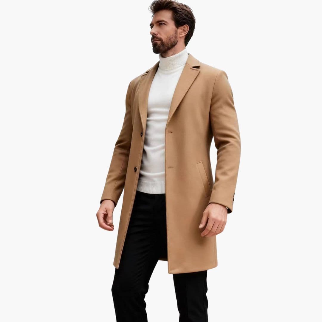 Manteau Long Homme en Laine avec Col à Revers