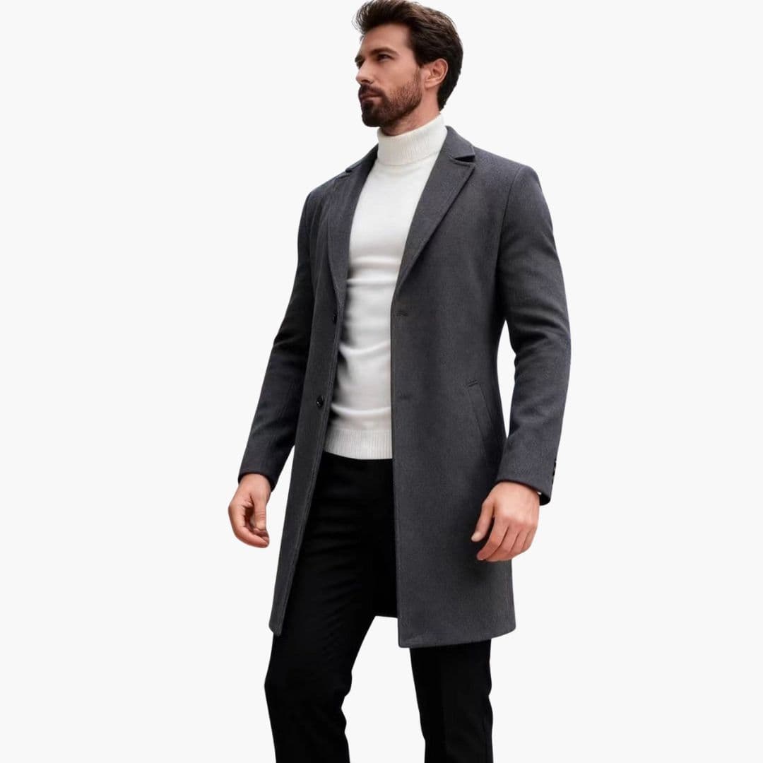 Manteau Long Homme en Laine avec Col à Revers