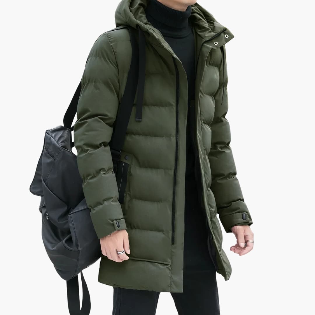 Manteau Long Matelassé Homme avec Capuche et Fermeture Éclair Frontale