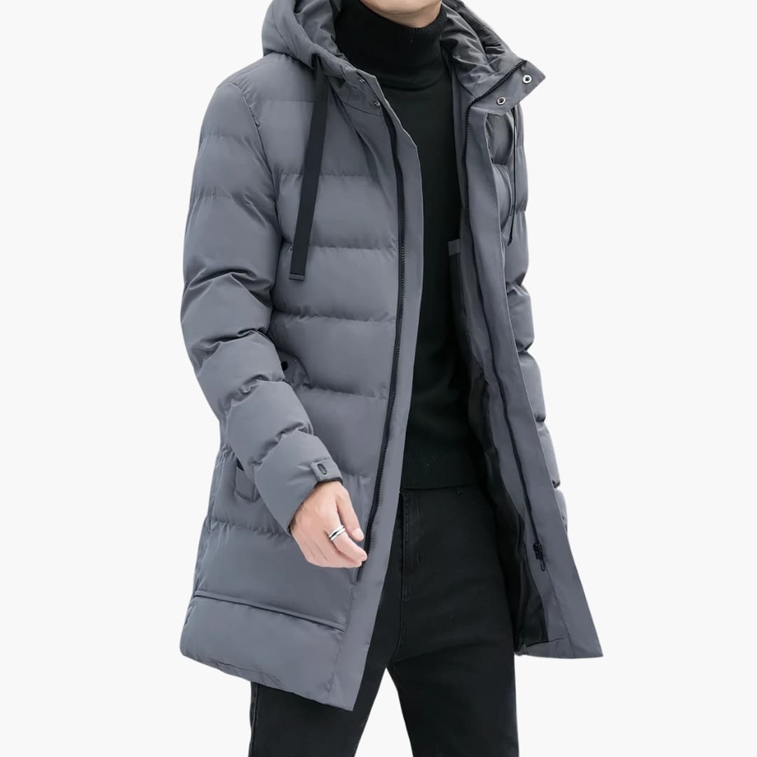 Manteau Long Matelassé Homme avec Capuche et Fermeture Éclair Frontale