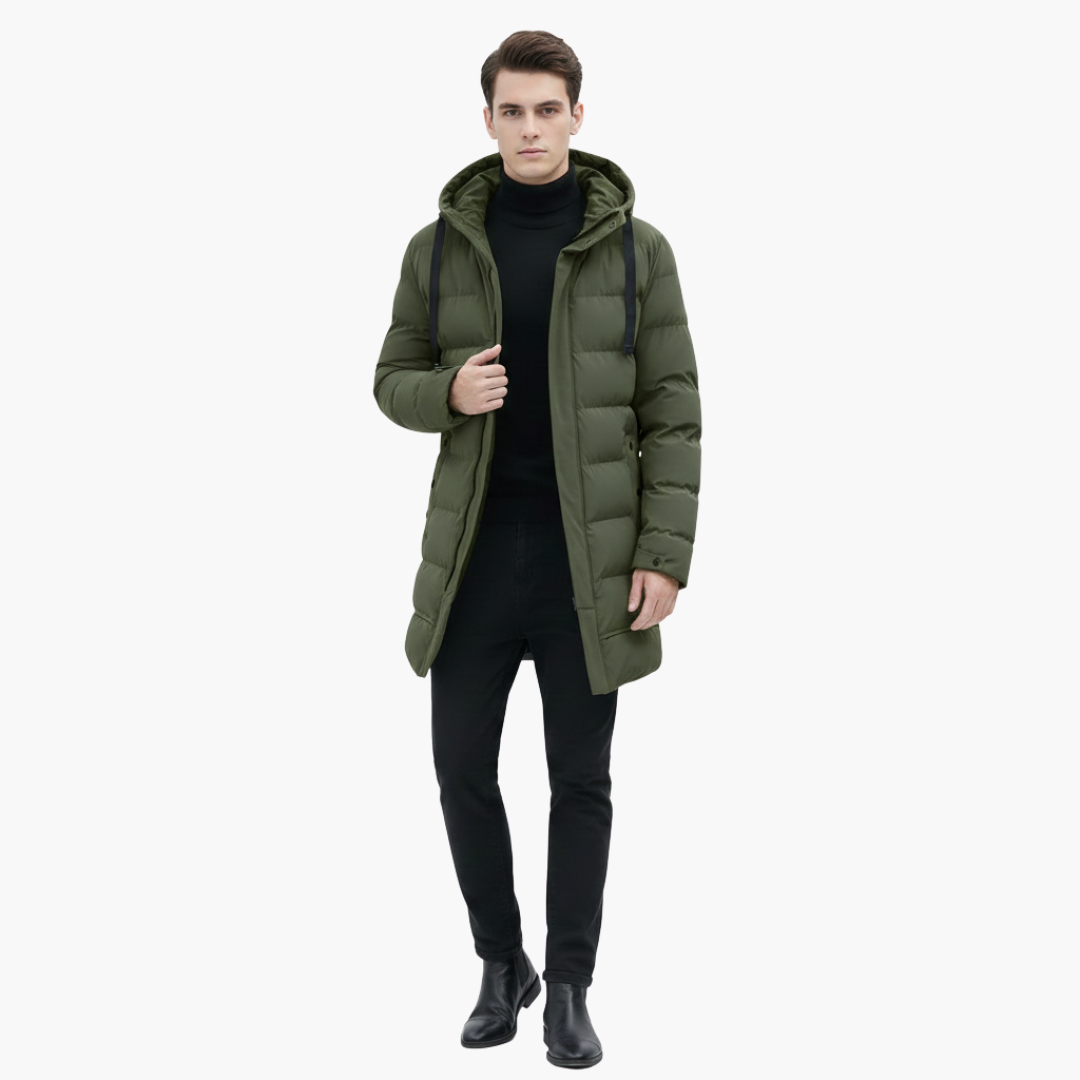 Manteau Long Matelassé Homme avec Capuche et Fermeture Éclair Frontale