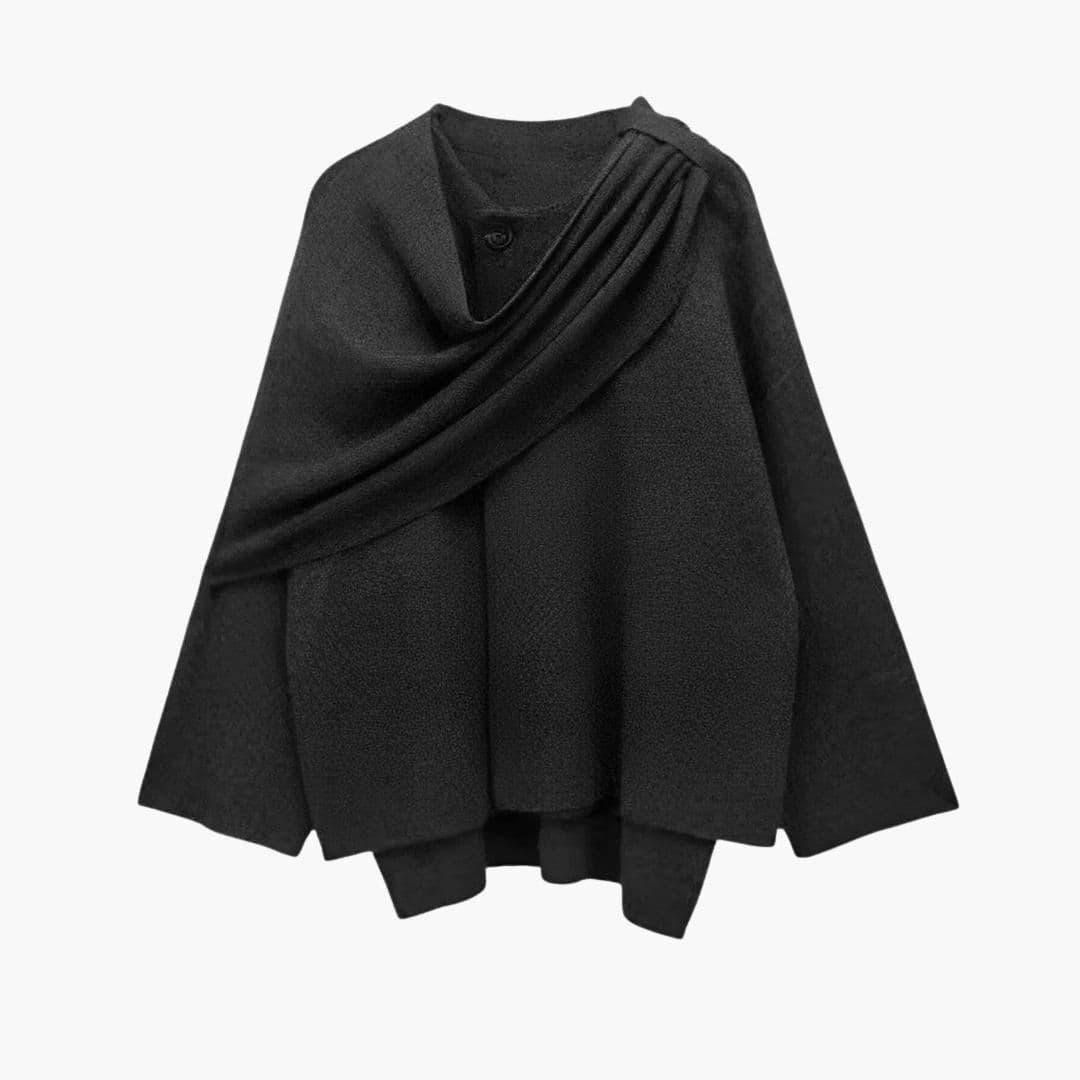 Manteau cape femme élégant avec silhouette fluide et col écharpe