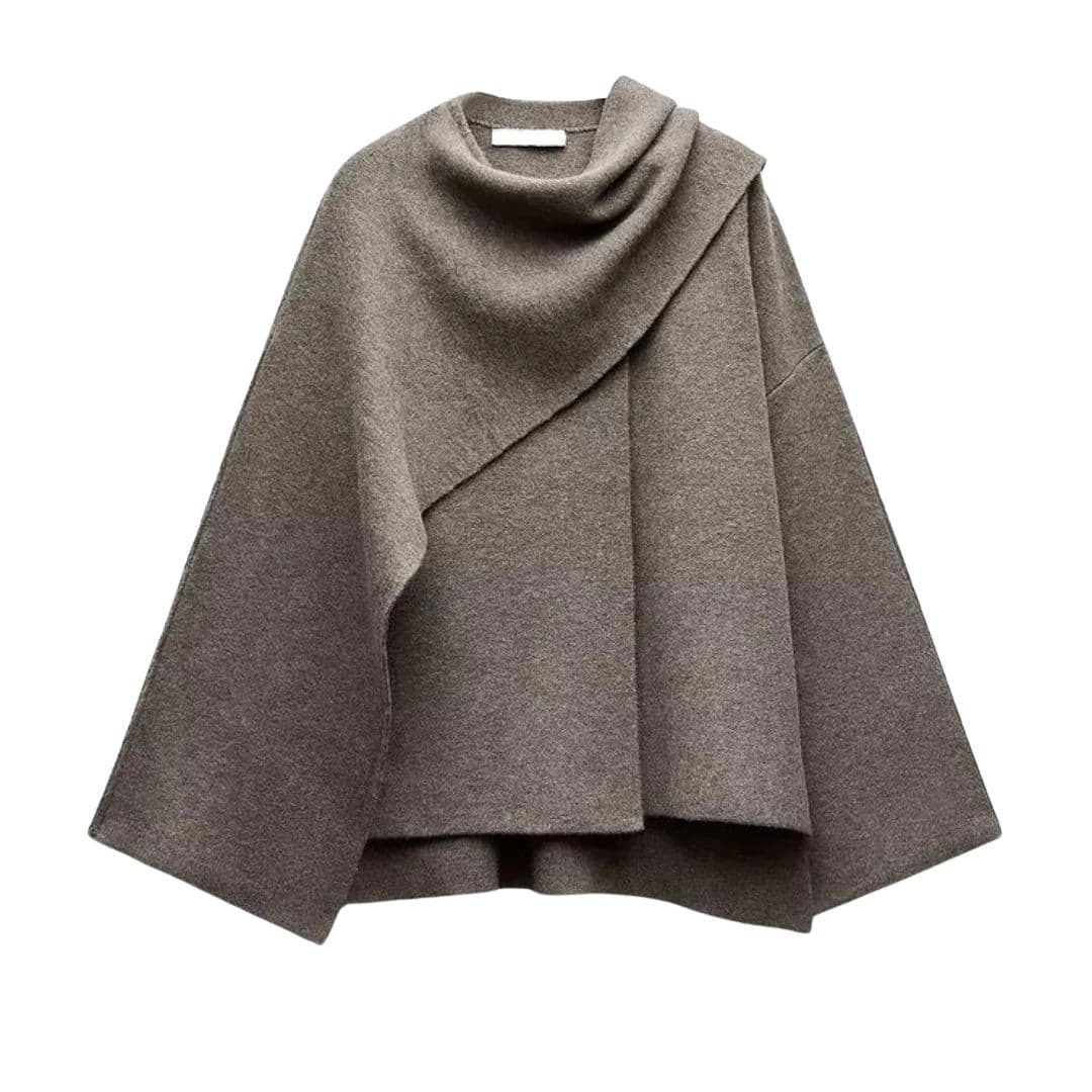 Manteau cape femme élégant avec silhouette fluide et col écharpe