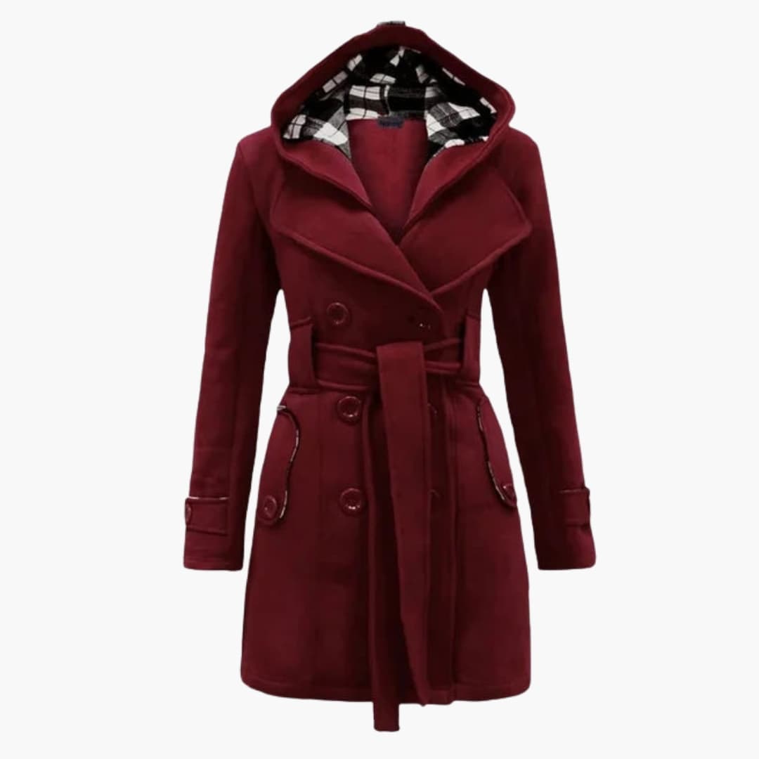 Manteau femme à capuche avec ceinture et fermeture à boutons