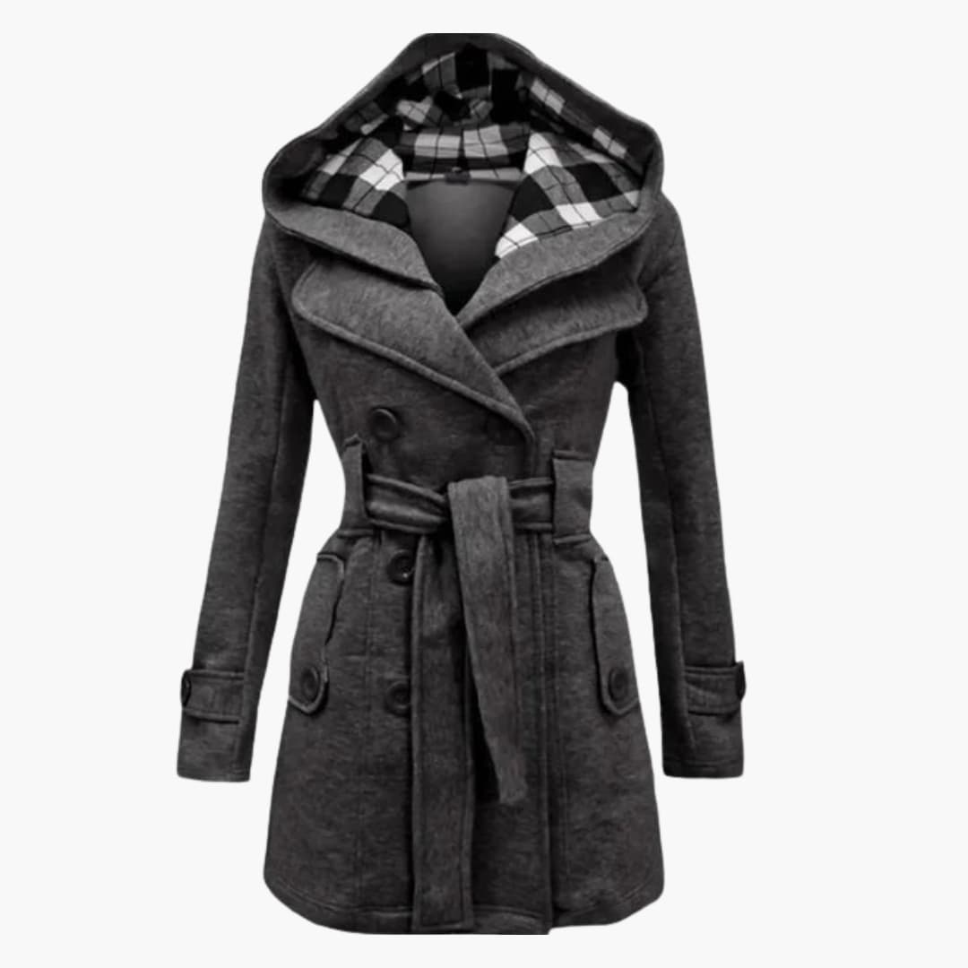 Manteau femme à capuche avec ceinture et fermeture à boutons