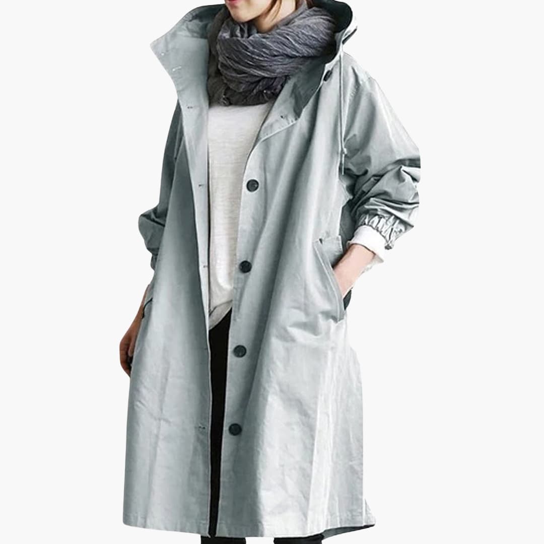 Manteau femme long à capuche avec fermeture boutonnée