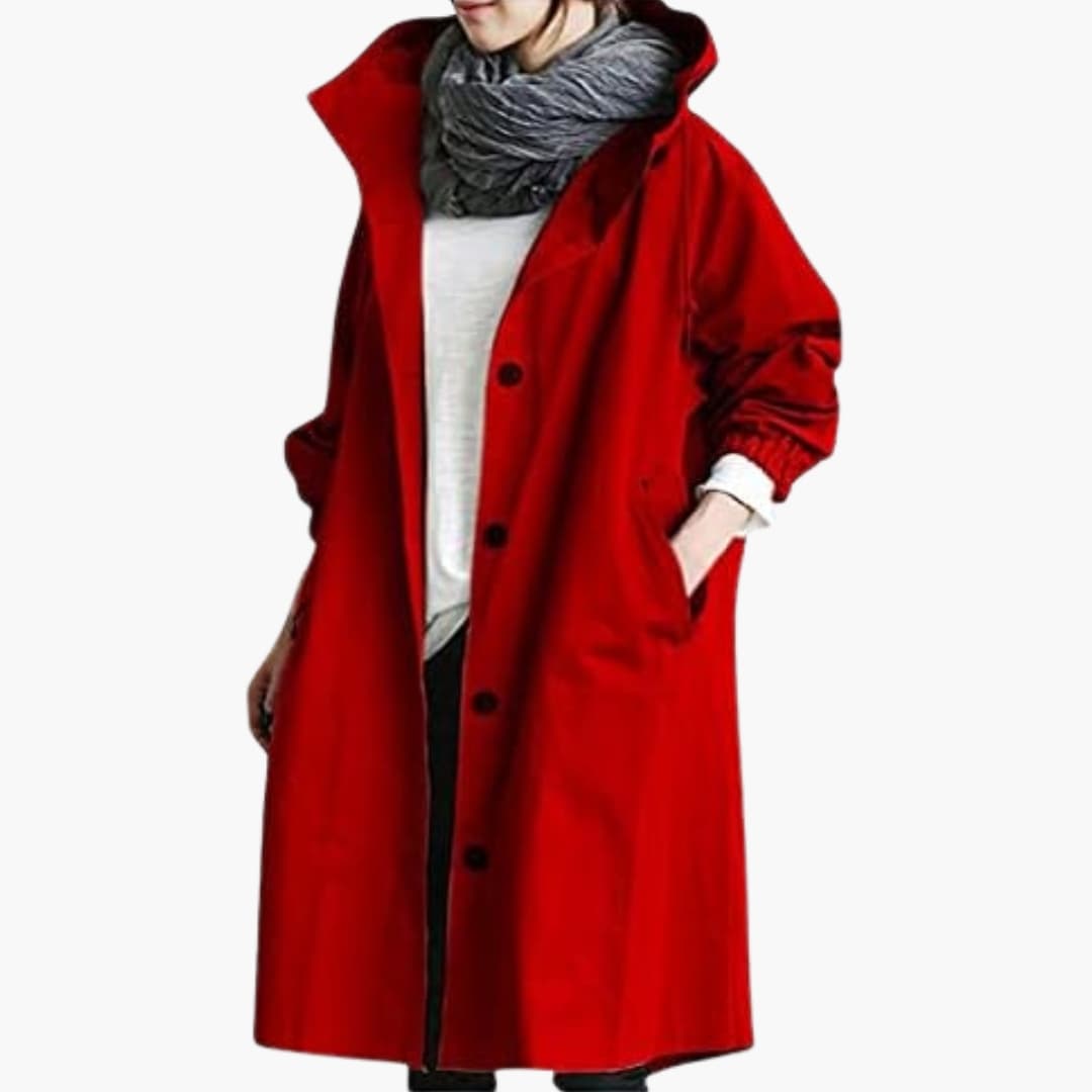 Manteau femme long à capuche avec fermeture boutonnée