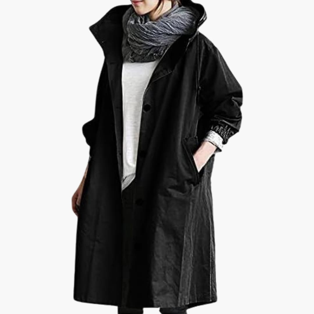 Manteau femme long à capuche avec fermeture boutonnée