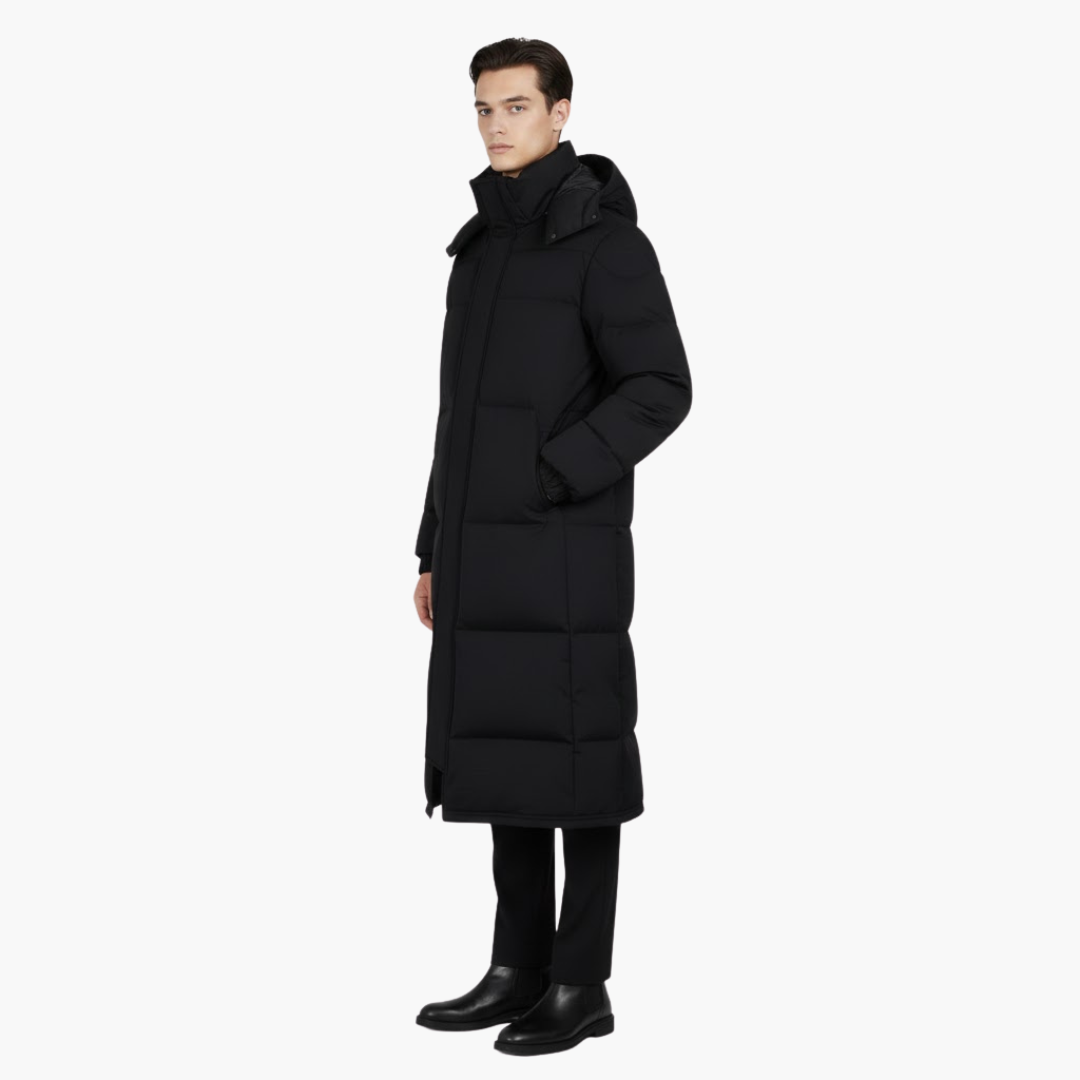 Manteau long homme avec capuche et fermeture zippée