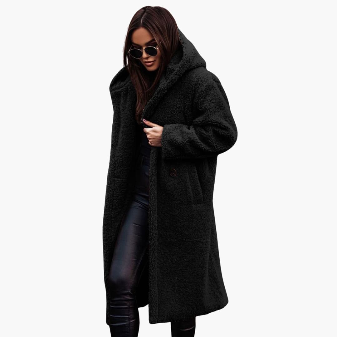Manteau femme long en peluche teddy avec capuche et fermeture boutonnée
