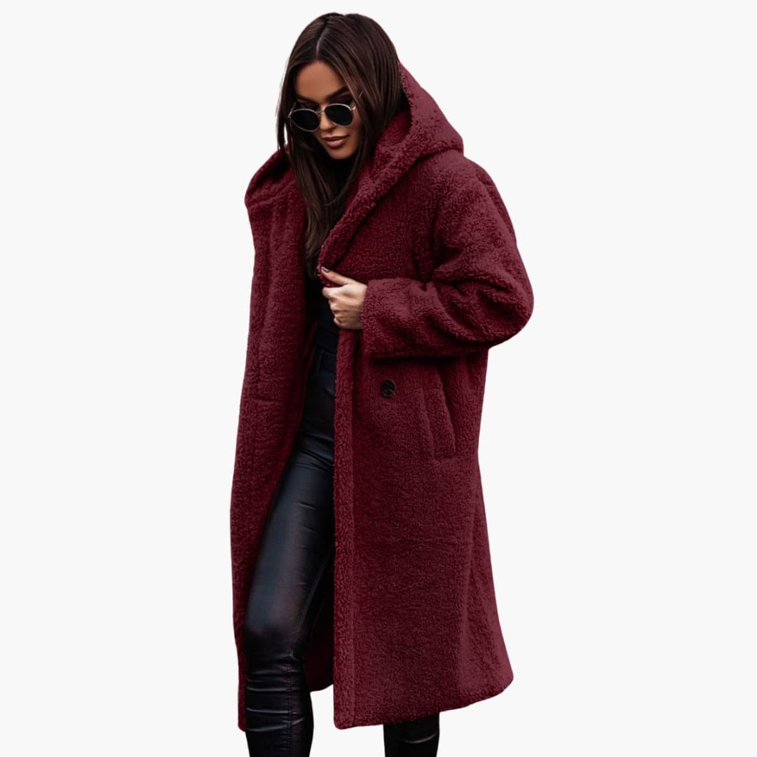 Manteau femme long en peluche teddy avec capuche et fermeture boutonnée