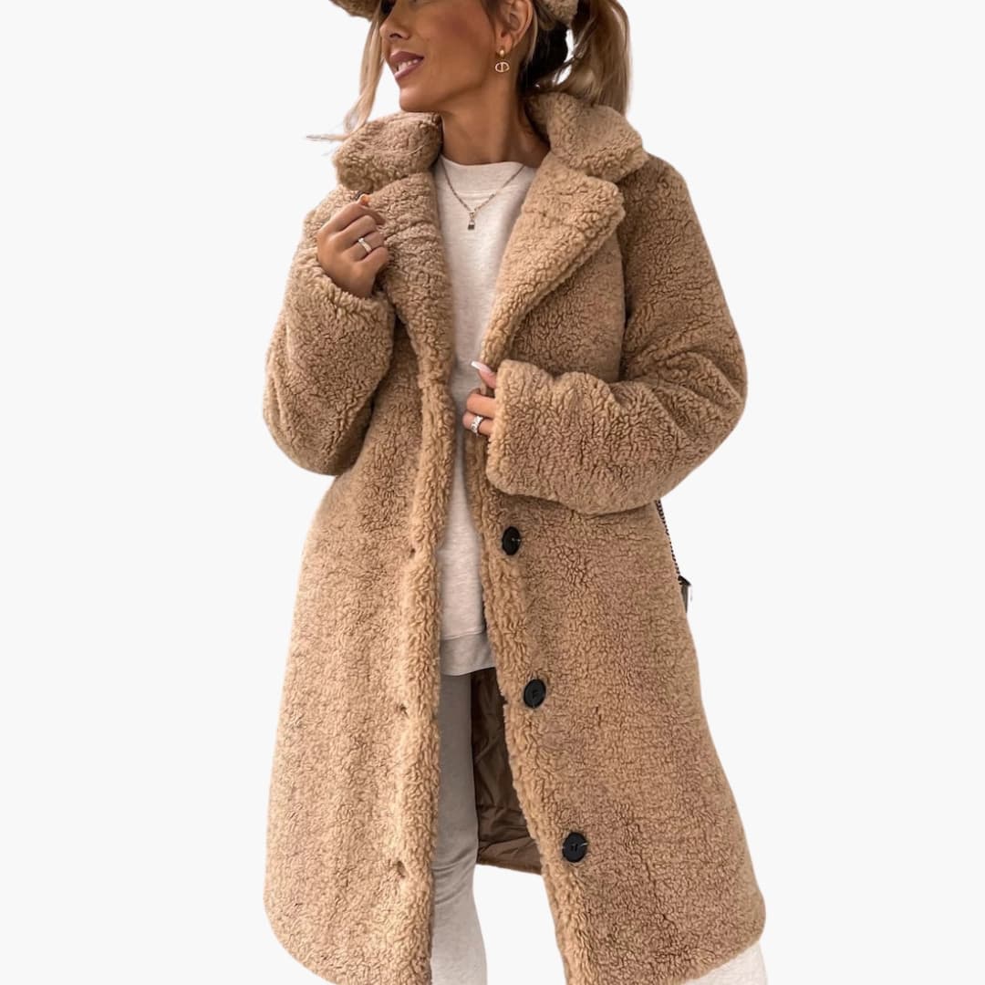 Manteau femme long en peluche teddy avec col large
