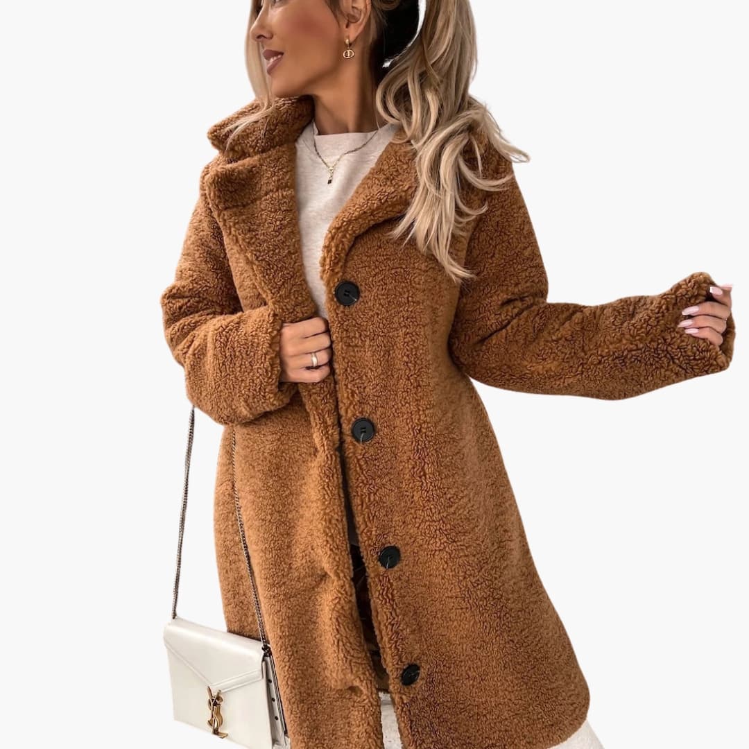 Manteau femme long en peluche teddy avec col large