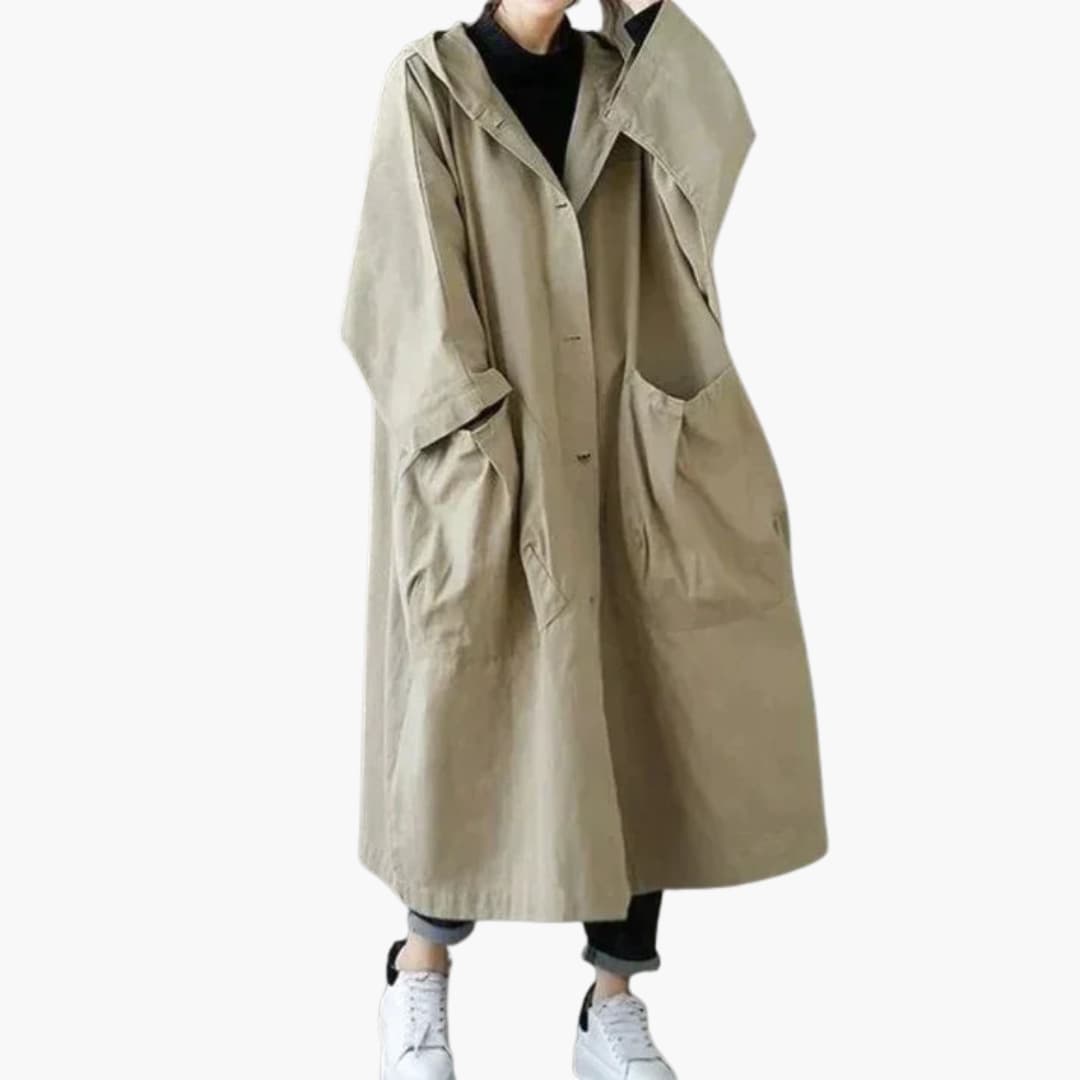 Manteau long à capuche pour femme avec fermeture à boutons et poches avant