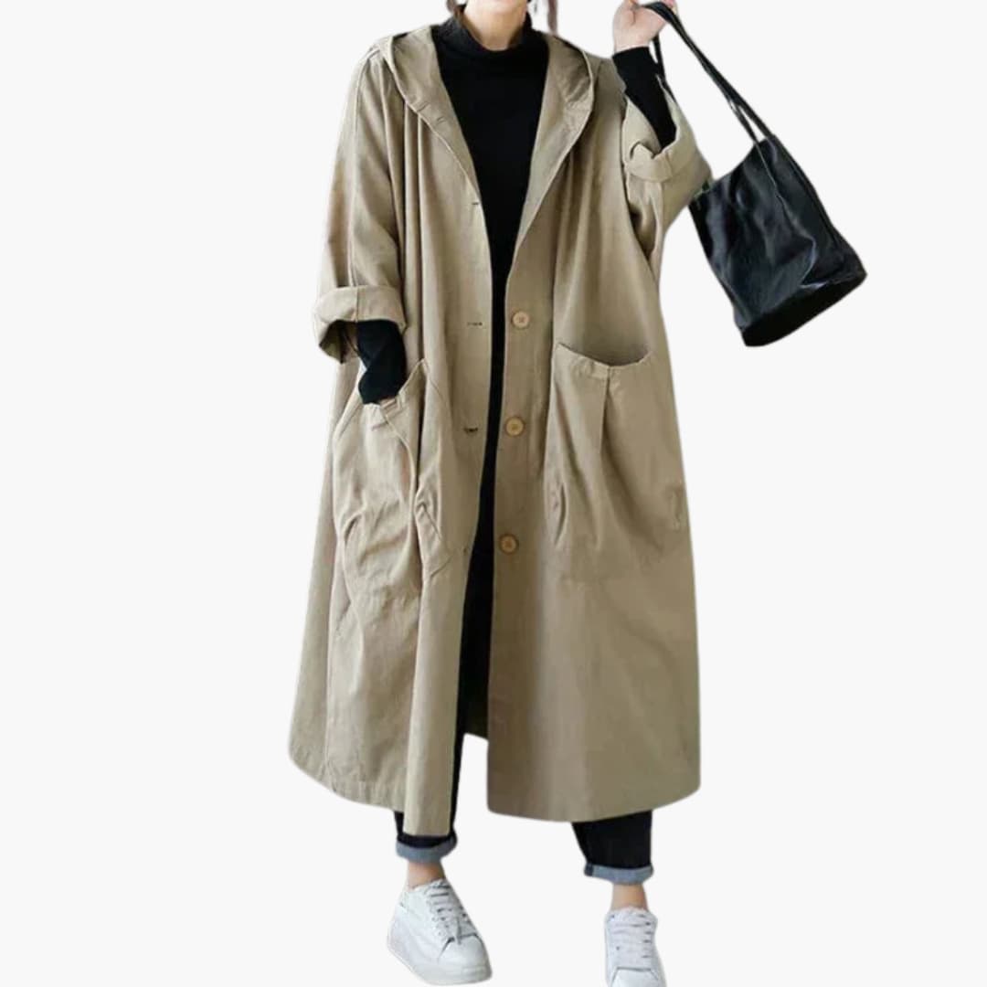 Manteau long à capuche pour femme avec fermeture à boutons et poches avant