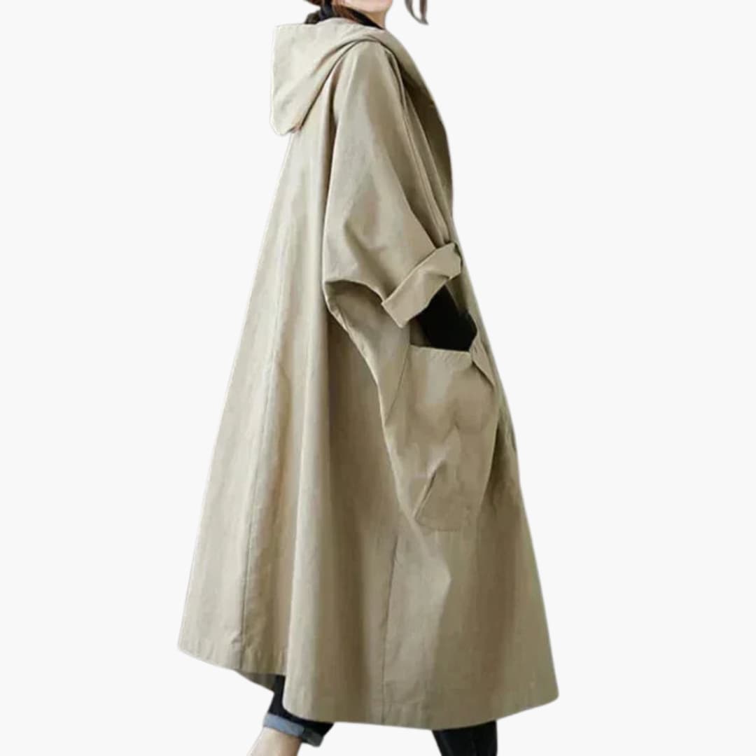 Manteau long à capuche pour femme avec fermeture à boutons et poches avant