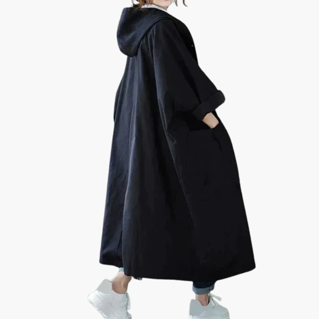 Manteau long à capuche pour femme avec fermeture à boutons et poches avant