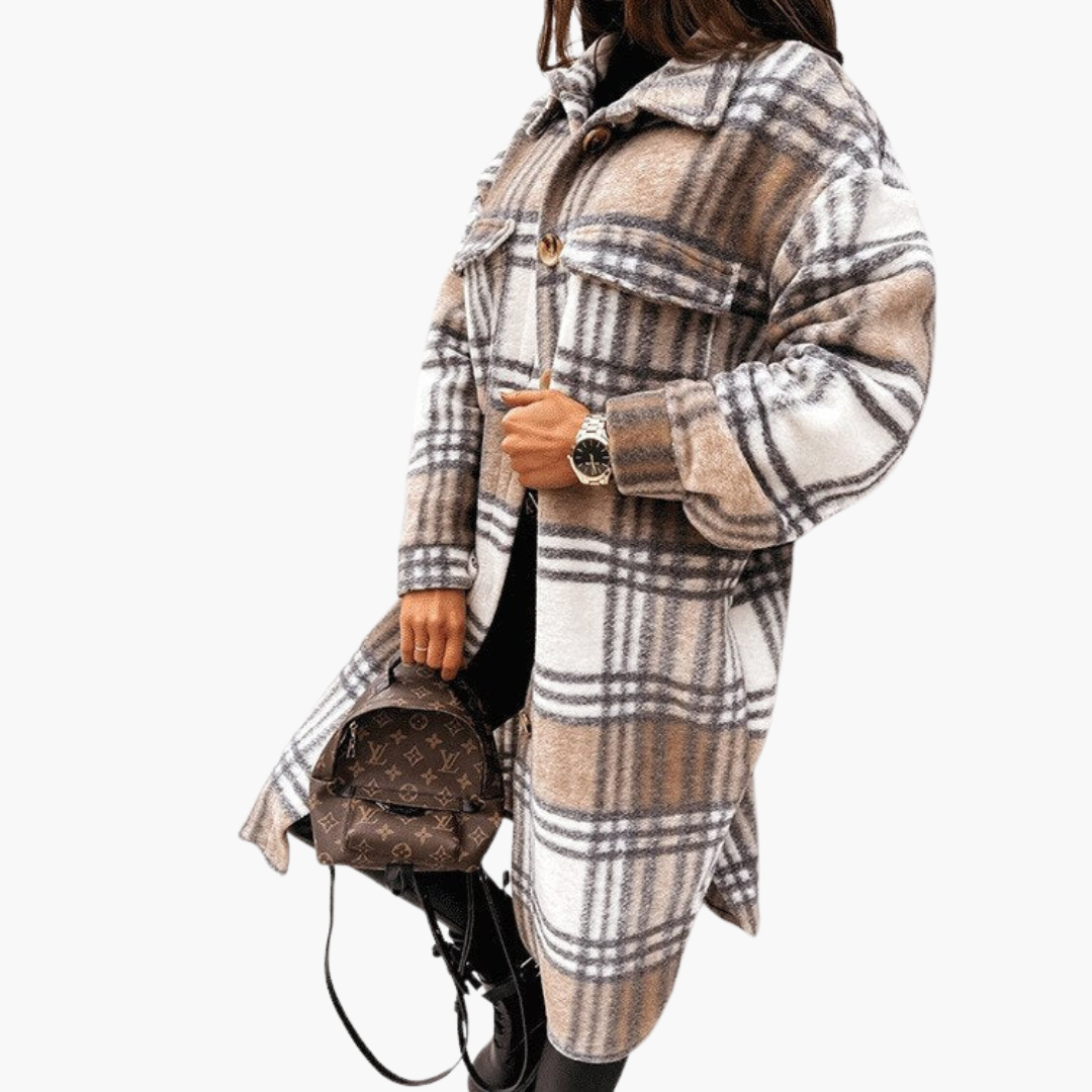 Cappotto lungo a quadri da donna con chiusura a bottoni e tasche anteriori