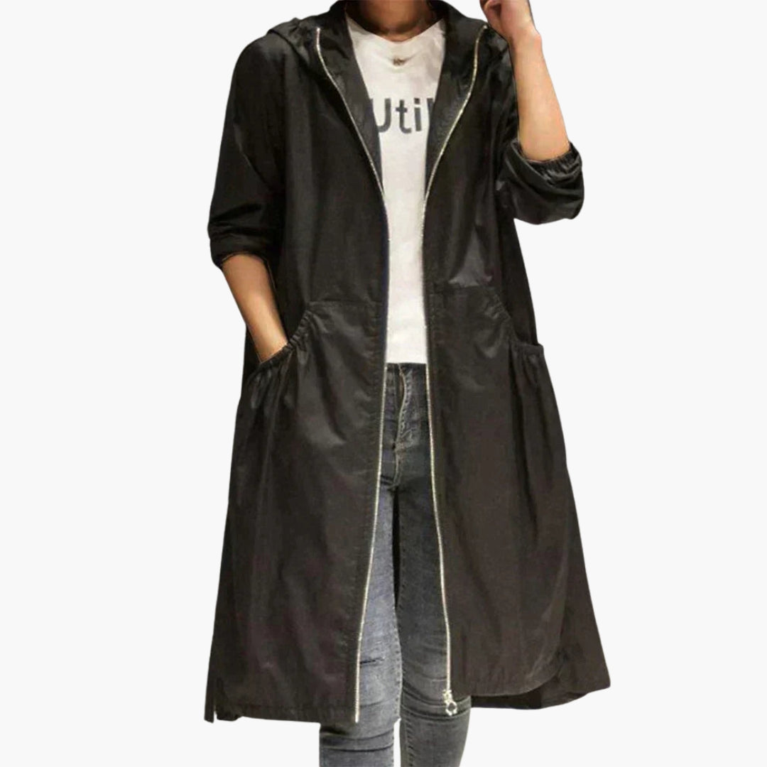 Long women's coat with hood and zipper closure