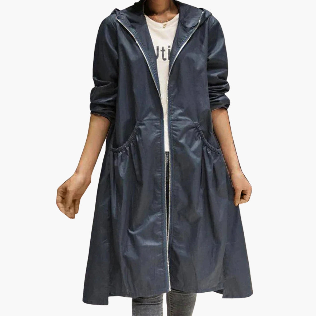 Long women's coat with hood and zipper closure