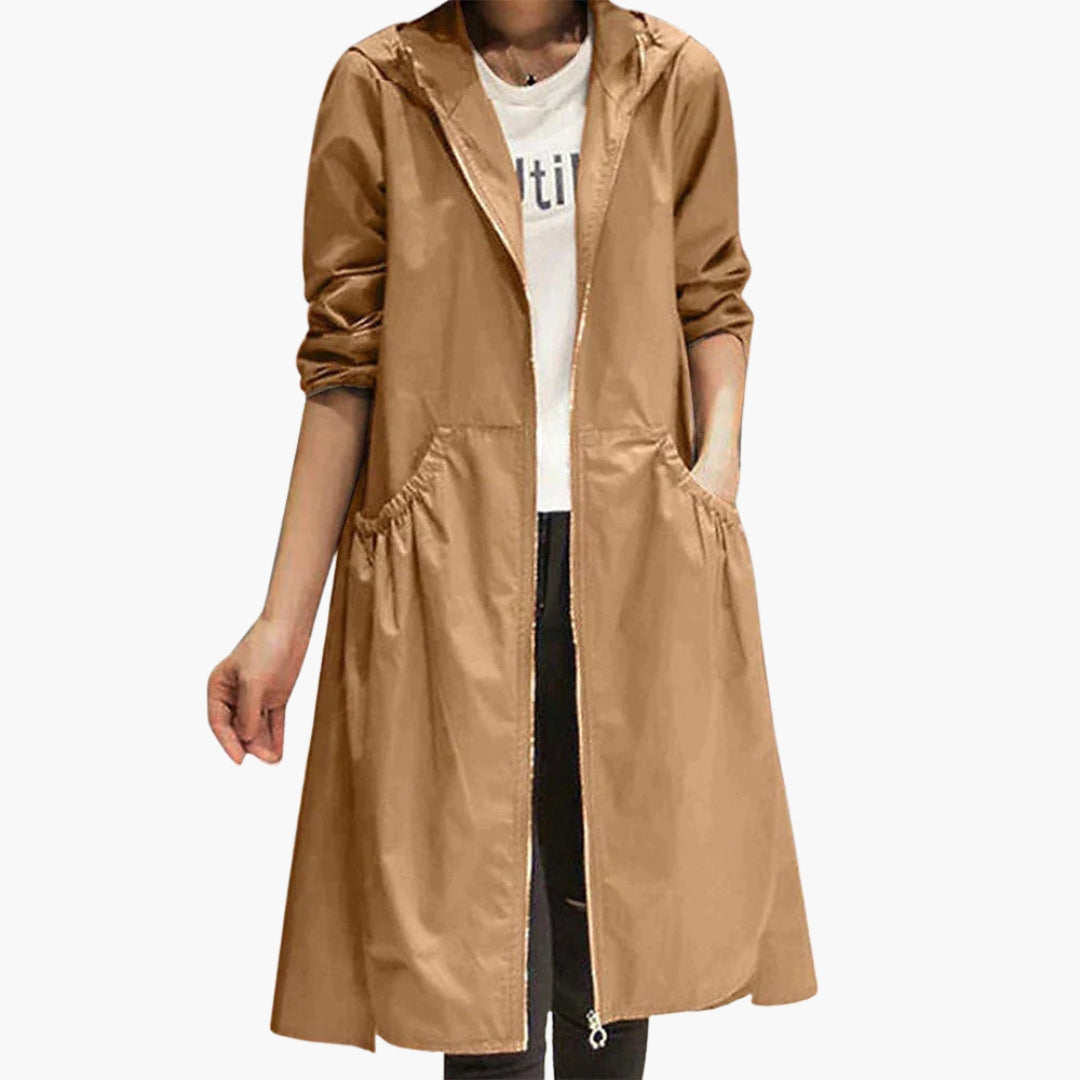 Manteau long femme à capuche avec fermeture zippée