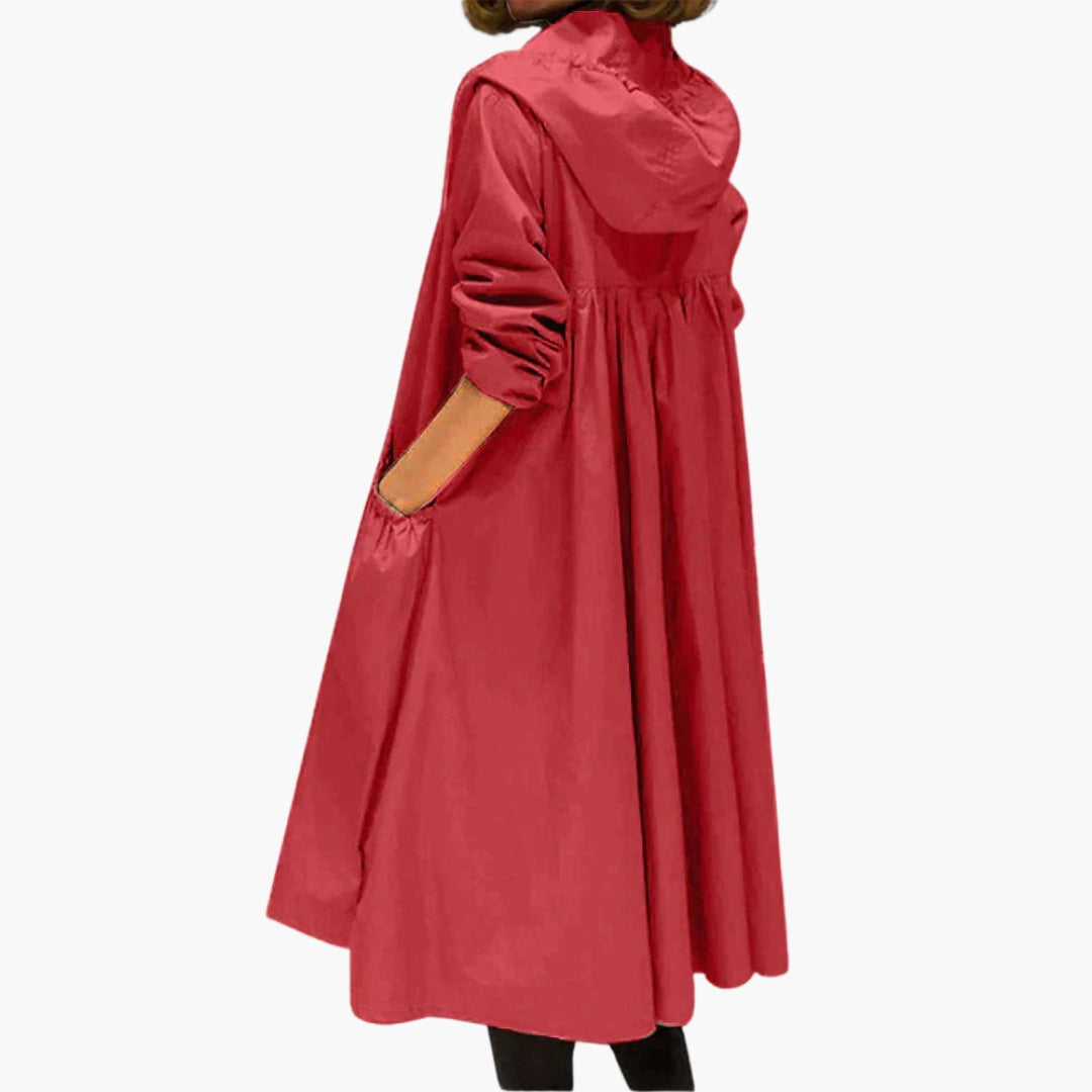 Long women's coat with hood and zipper closure
