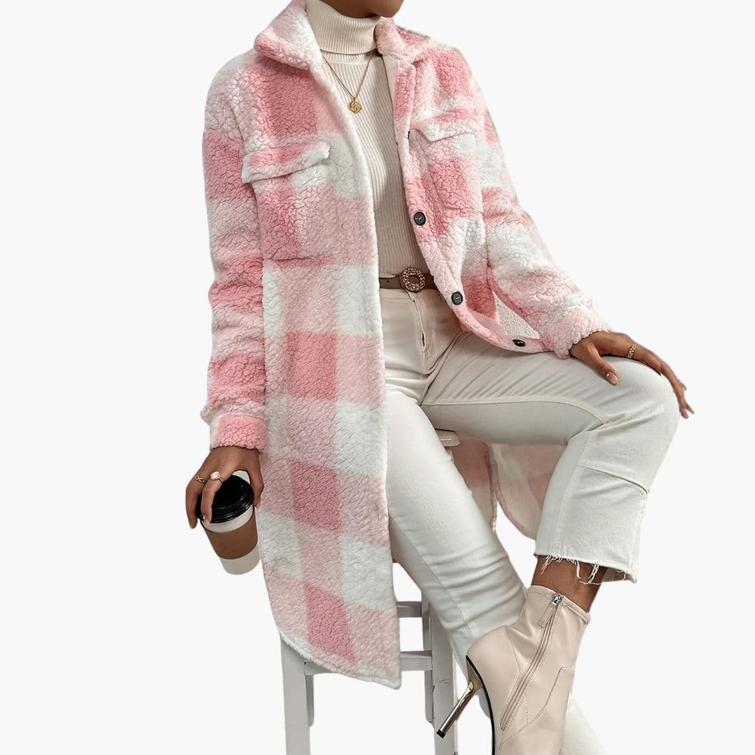 Manteau long femme à carreaux avec poches avant