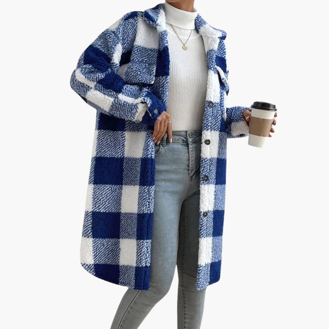 Manteau long femme à carreaux avec poches avant