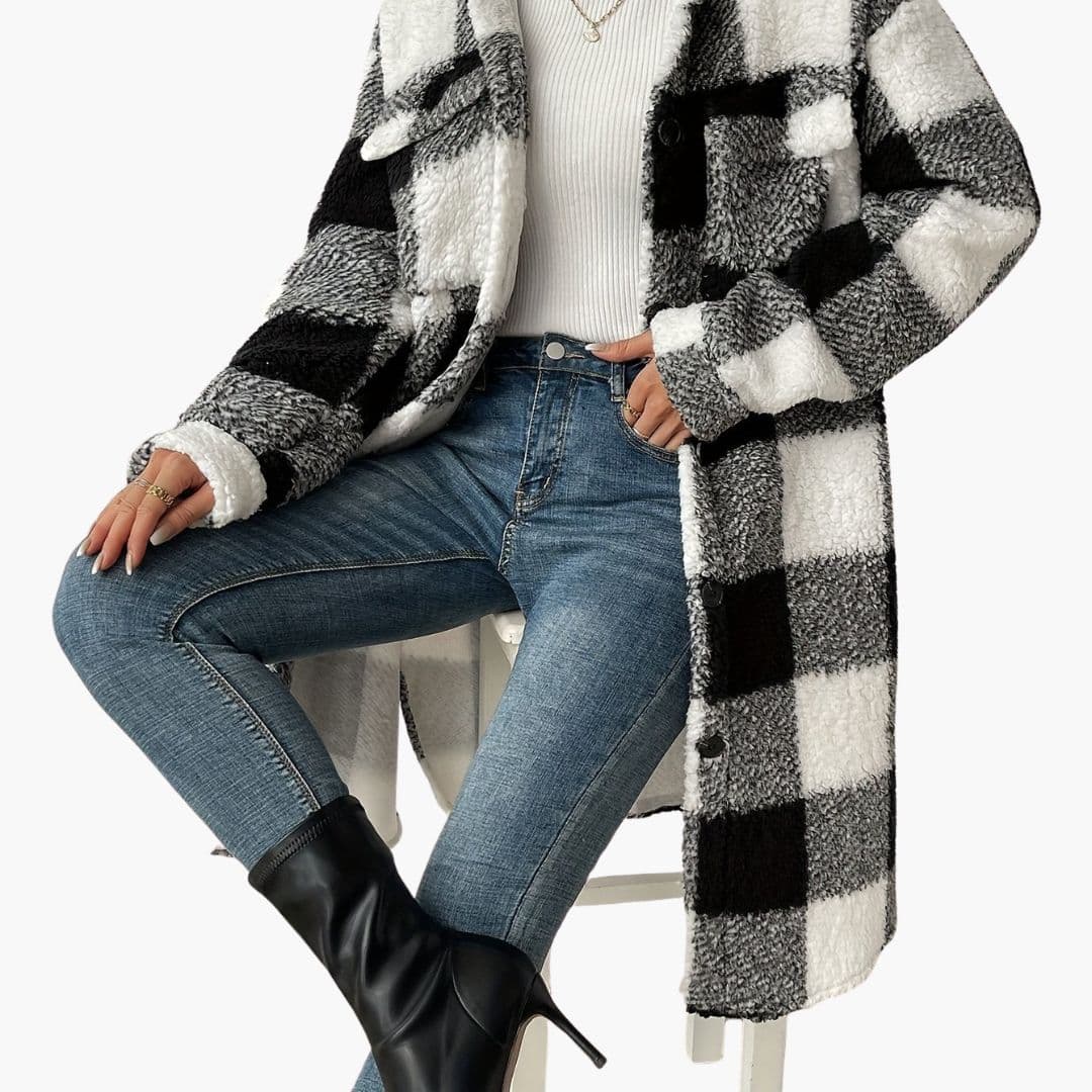 Manteau long femme à carreaux avec poches avant