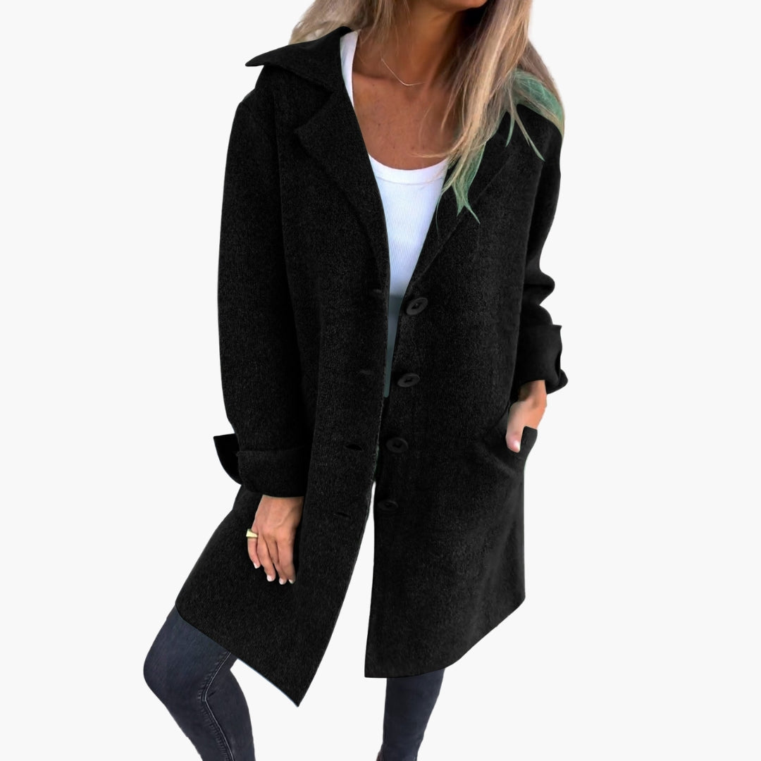 Women's long coat with lapel collar and button closure