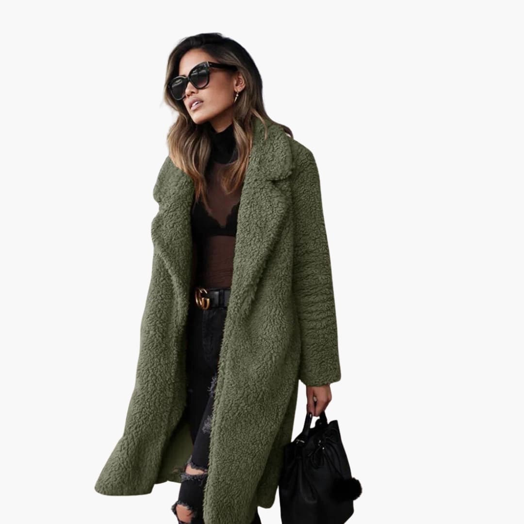 Manteau long femme avec col à revers et surface pelucheuse