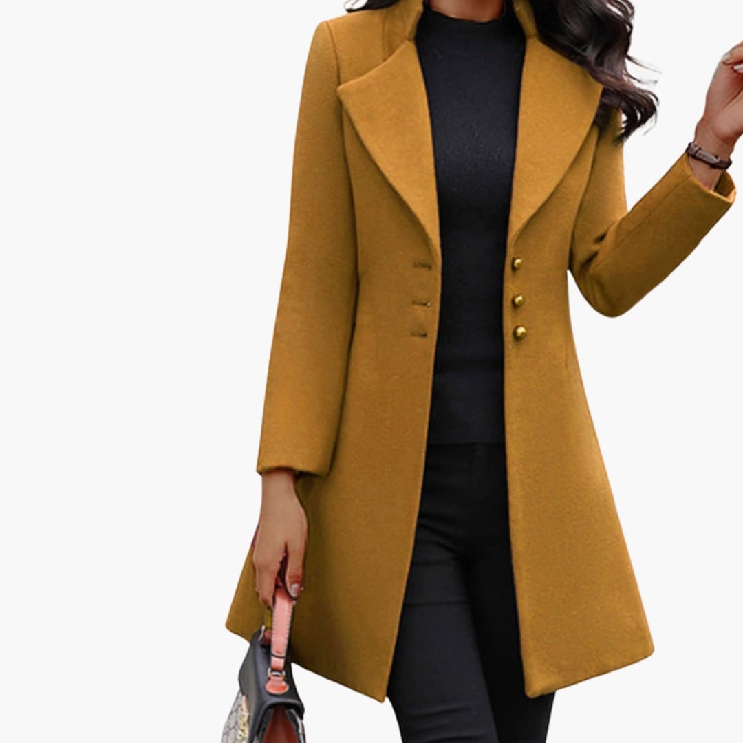 Manteau long femme avec large col à revers et fermeture à boutons