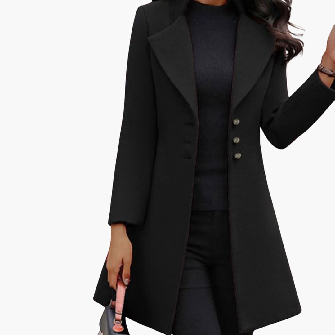 Manteau long femme avec large col à revers et fermeture à boutons