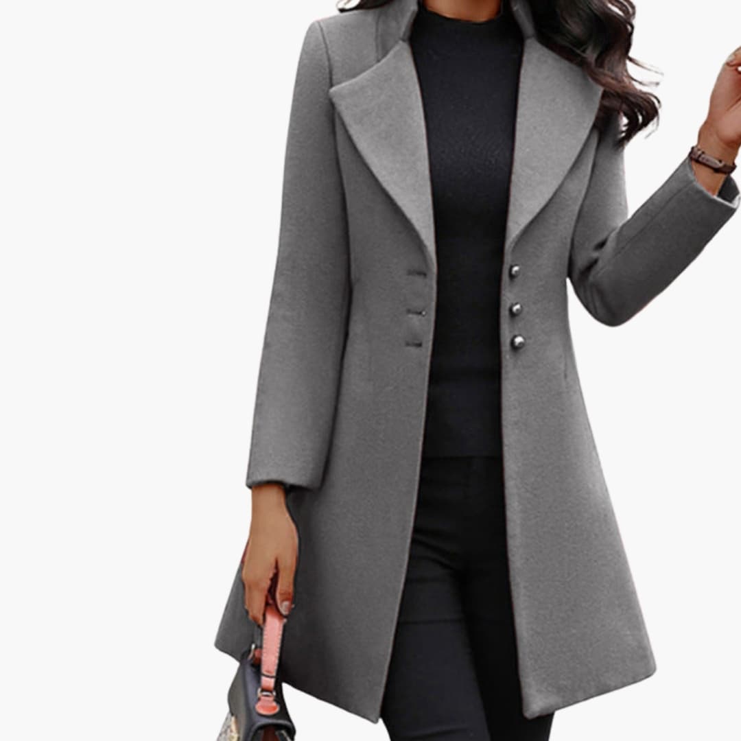 Manteau long femme avec large col à revers et fermeture à boutons