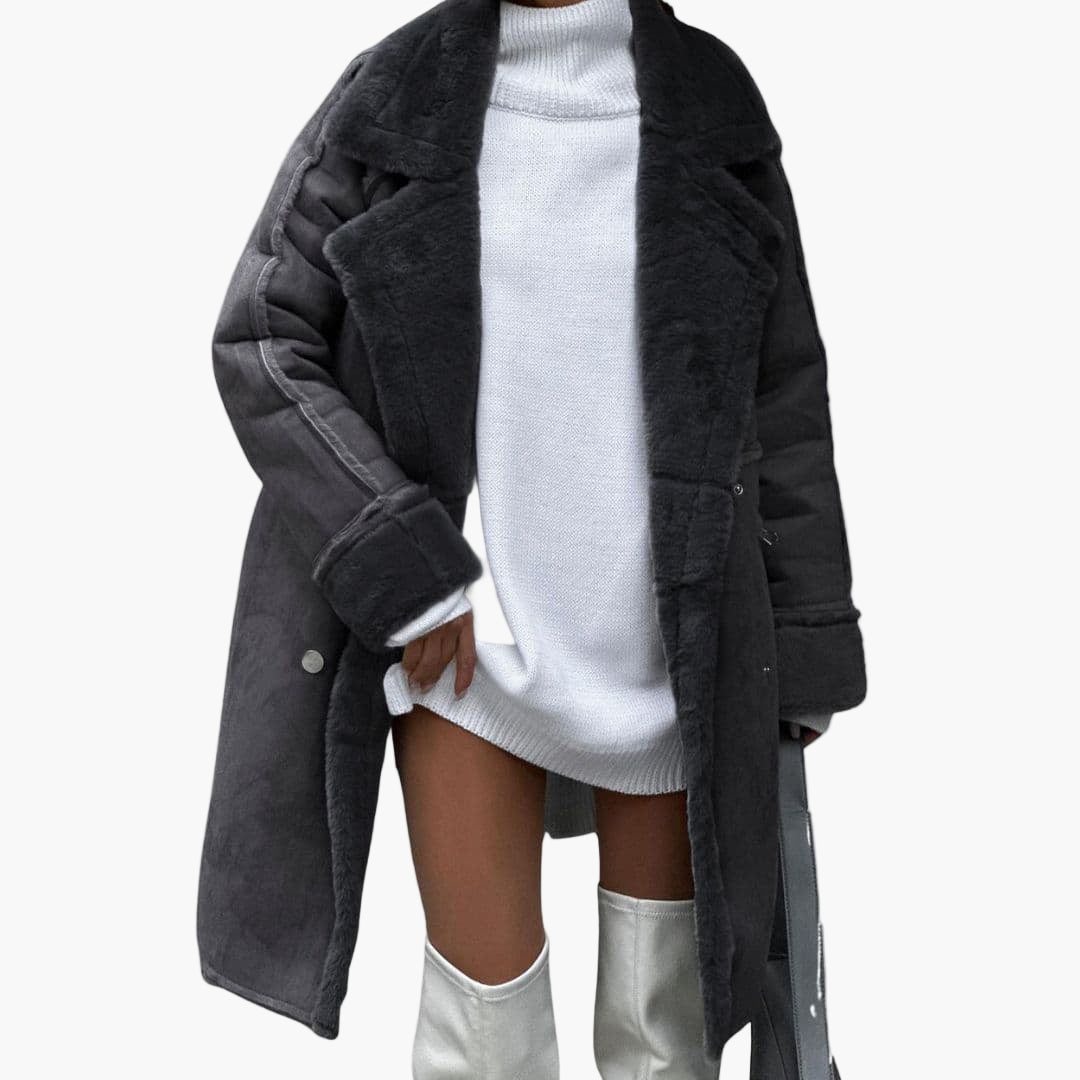 Manteau long femme en matière peluche avec col à revers