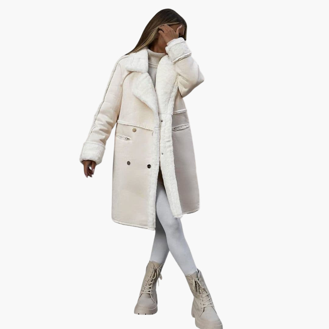 Manteau long femme en matière peluche avec col à revers