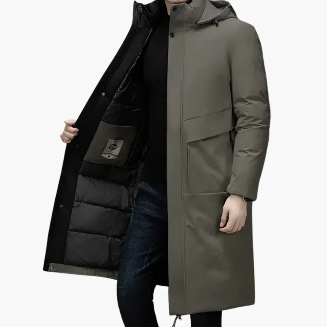 Manteau long homme avec capuche et fermeture frontale