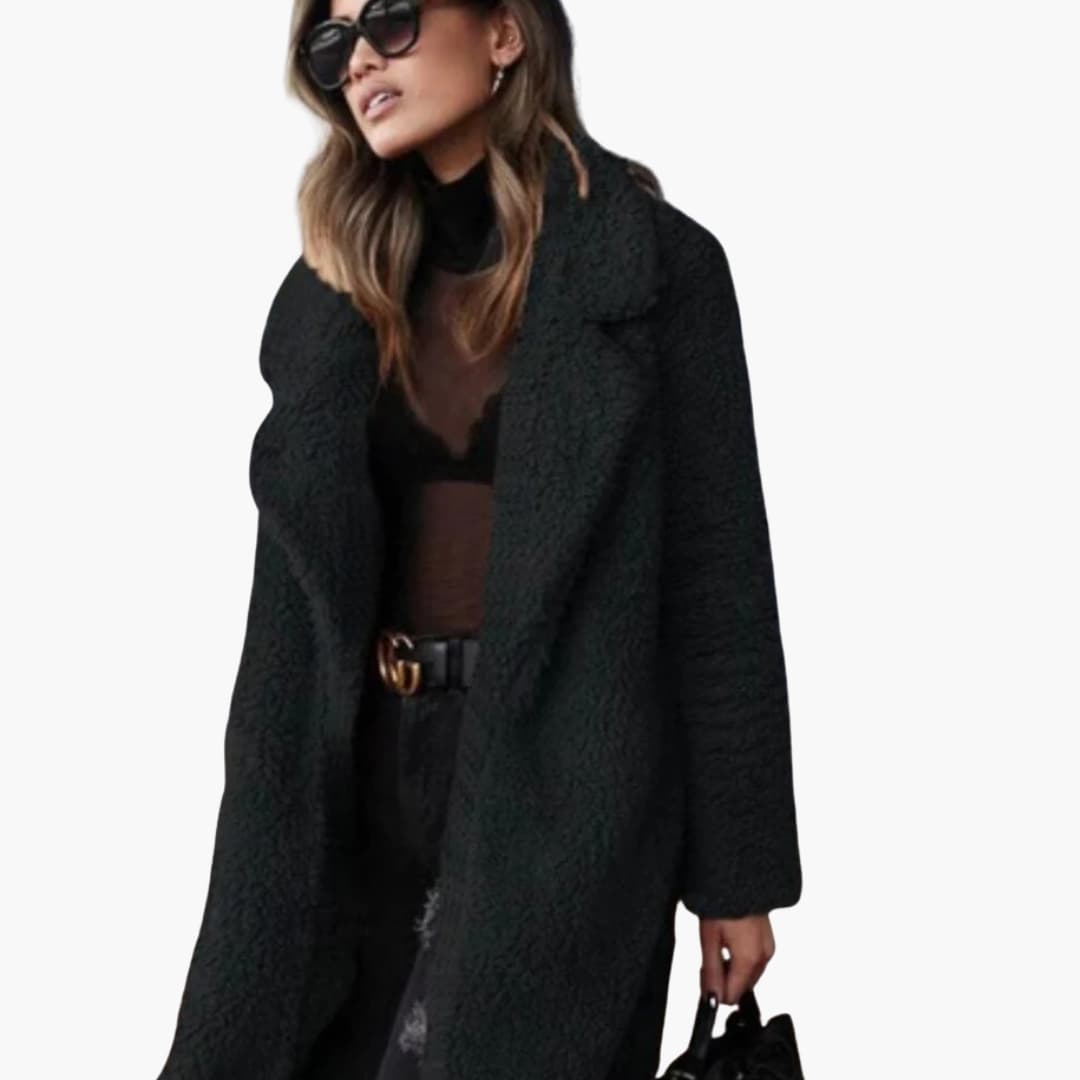 Manteau teddy long femme avec col à revers et coupe oversize