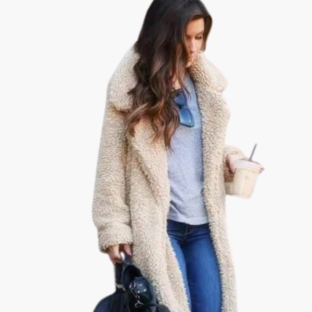 Manteau teddy long femme avec col à revers et coupe oversize