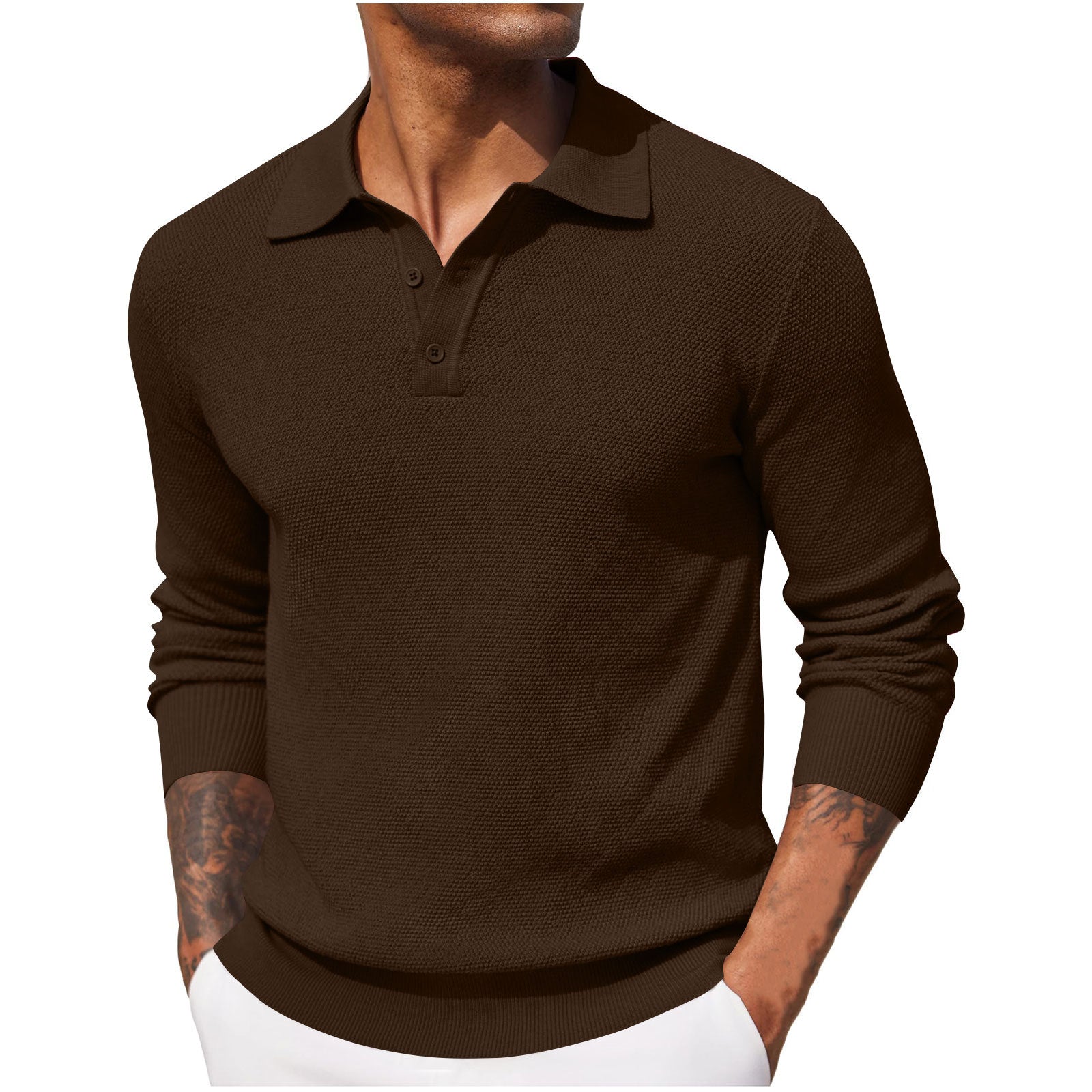 Polo homme manches longues | Col boutonné, coupe droite respirante | Idéal mi saison, style casual ou bureau