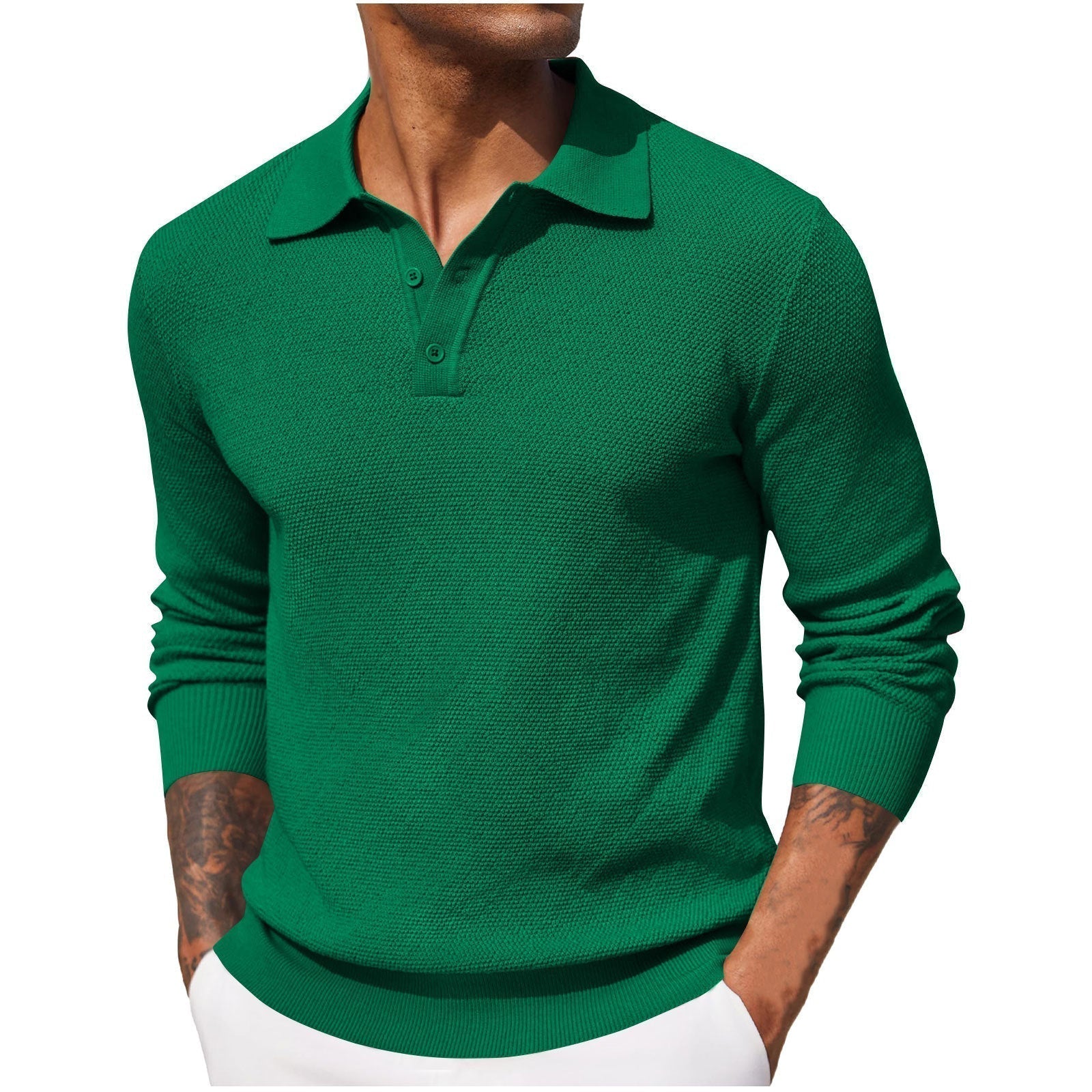 Polo homme manches longues | Col boutonné, coupe droite respirante | Idéal mi saison, style casual ou bureau