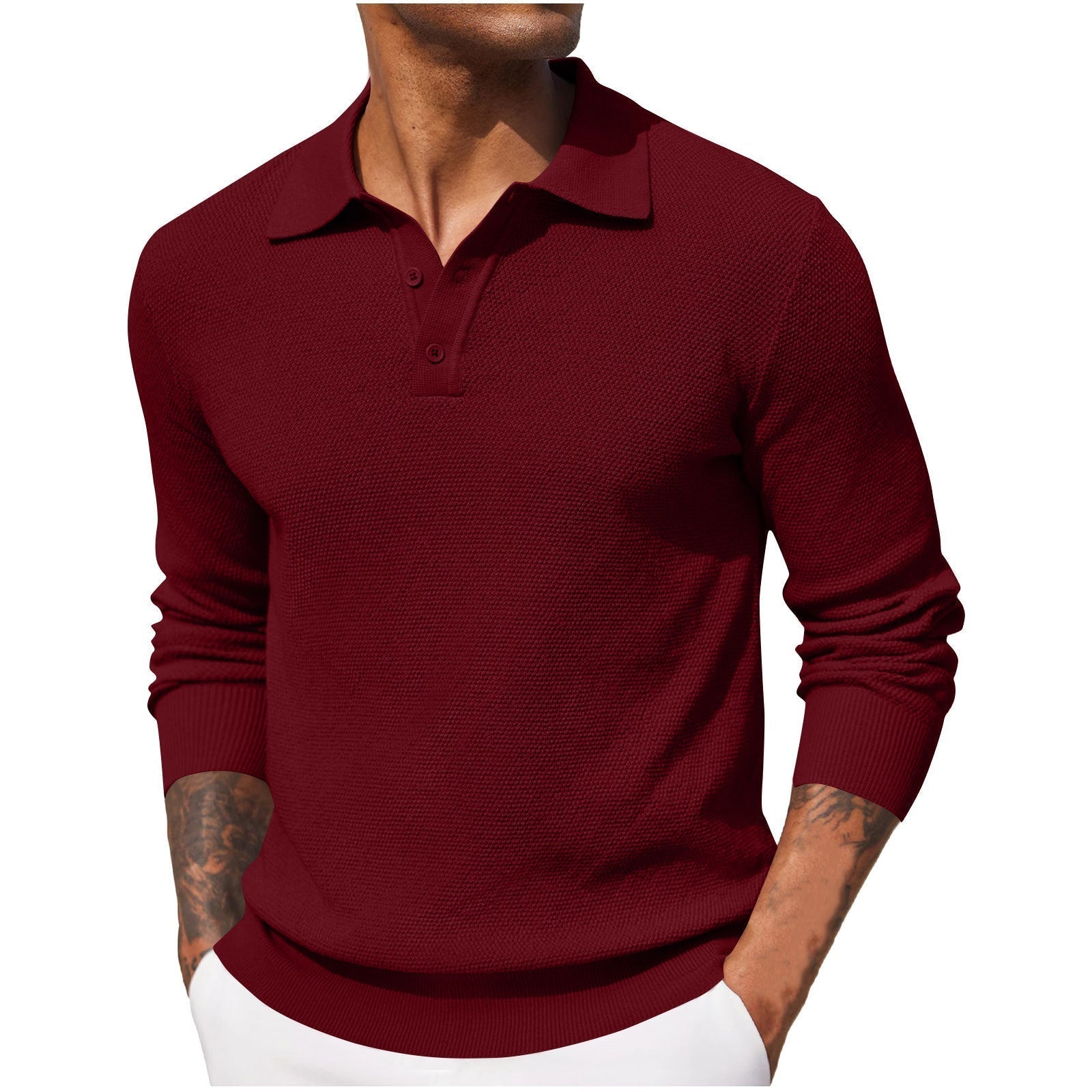 Polo homme manches longues | Col boutonné, coupe droite respirante | Idéal mi saison, style casual ou bureau